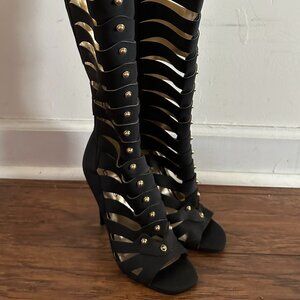 Bebe Black Cut-Out Knee-High Boots